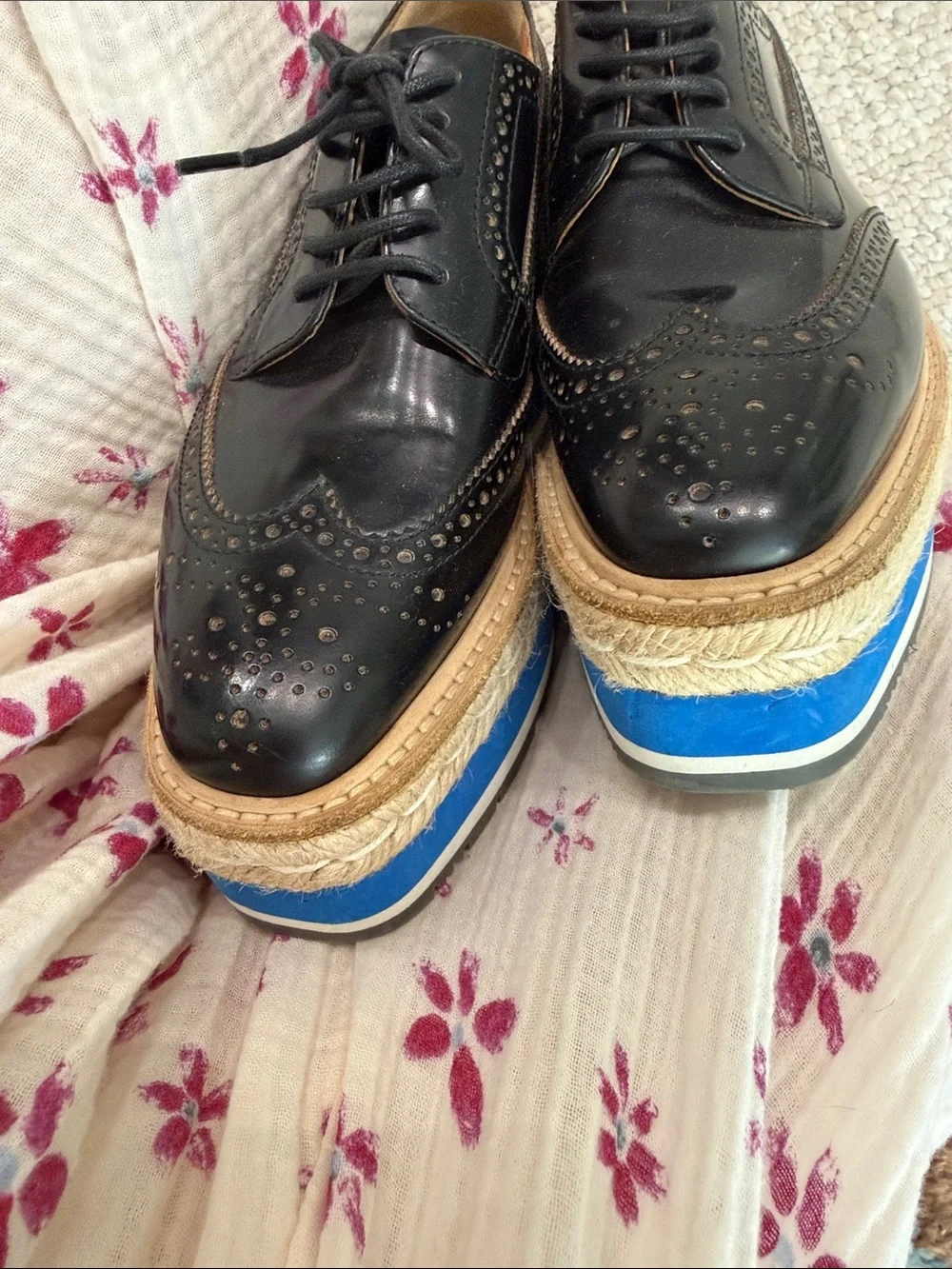 Prada Black Wingtip Lace-Up Brogues with Tan and Blue platform Sole